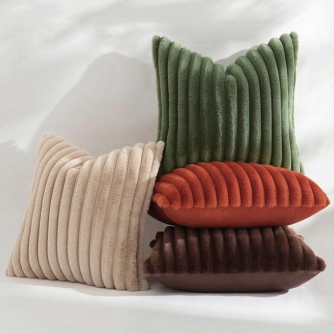 decorUhome Cozy Faux Fur Throw Pillow Covers 12x20 Set of 2 Decorative Soft Plush Striped Lumbar Modern Farmhouse Boho Couch Pillow Cases with Velvet Back for Sofa Bed Living Room, Khaki Brown