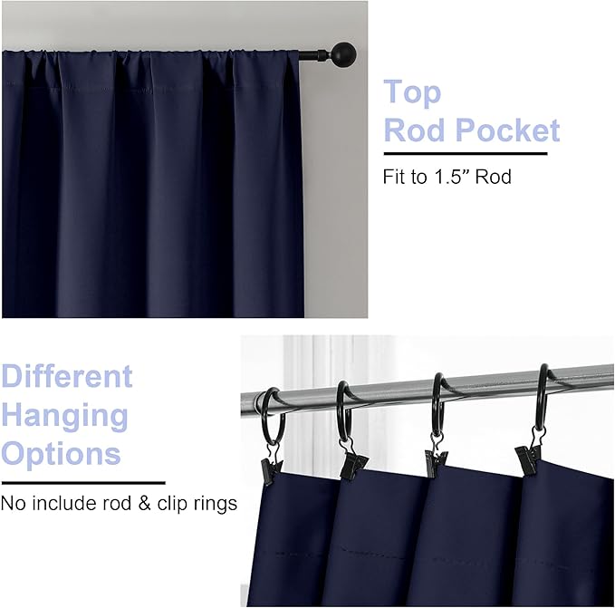 Simplebrand Ava Navy Blue Blackout Extra Long 10ft Curtains for Patio 120 Inches Long 2 Panels Set, Solid Thermal Insulated Energy Saving Rod Pocket Window Treatment Curtains Blackout Drapes, 50Wx120L