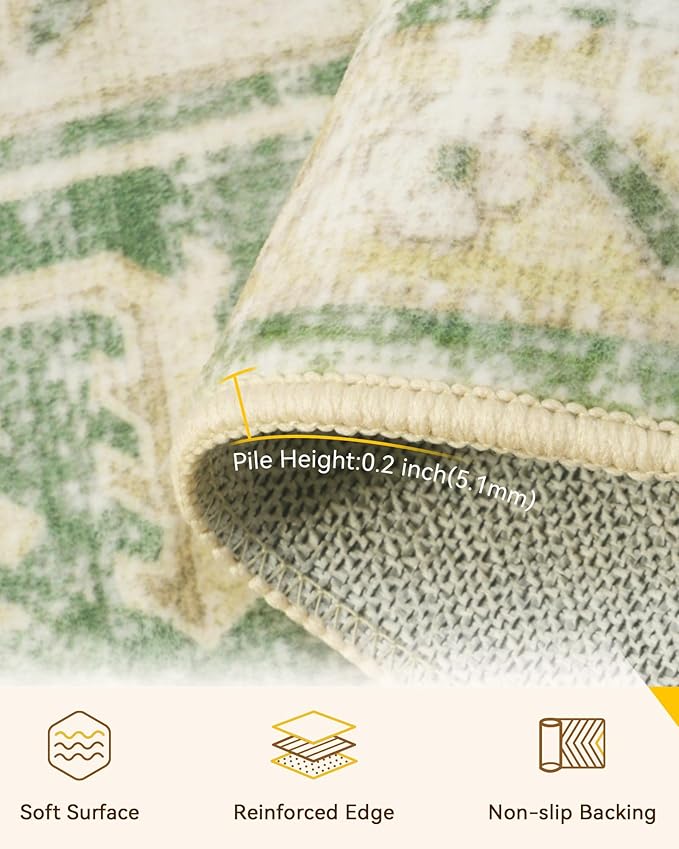 Area Rugs 2'x5' Runner Rug Non Slip Washable for Kitchen Hallway Bedroom Beside Laundry Room Bathroom Rug, Floor Carpet, Sage Green Yellow