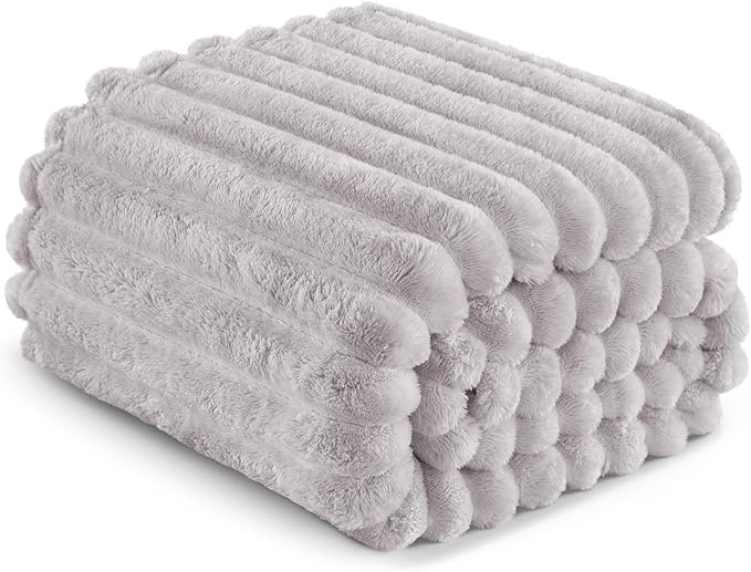 Exclusivo Mezcla Queen Size Flannel Fleece Blanket, Super Soft Striped Jacquard Bed Blanket, Lightweight Fuzzy Cozy for All Seasons, 90x90 Inches, Light Grey