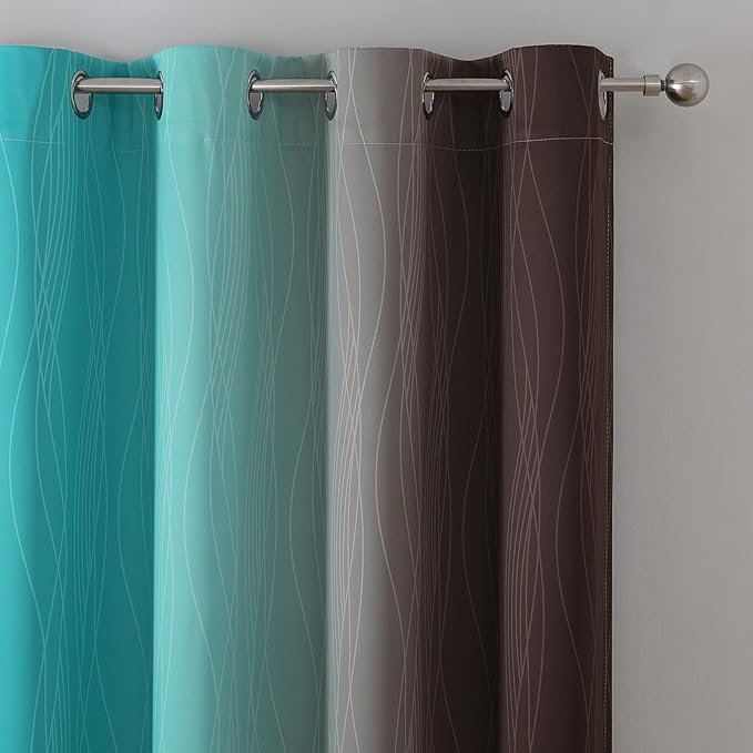 Estelar Textiler Full Room Darkening Gradient Blackout Curtains 96 Inch Length 2 Panels Set, Ombre Teal and Brown Thermal Insulated Full Light Blocking Grommet Blackout Drapes for Bedroom, 52Wx96L
