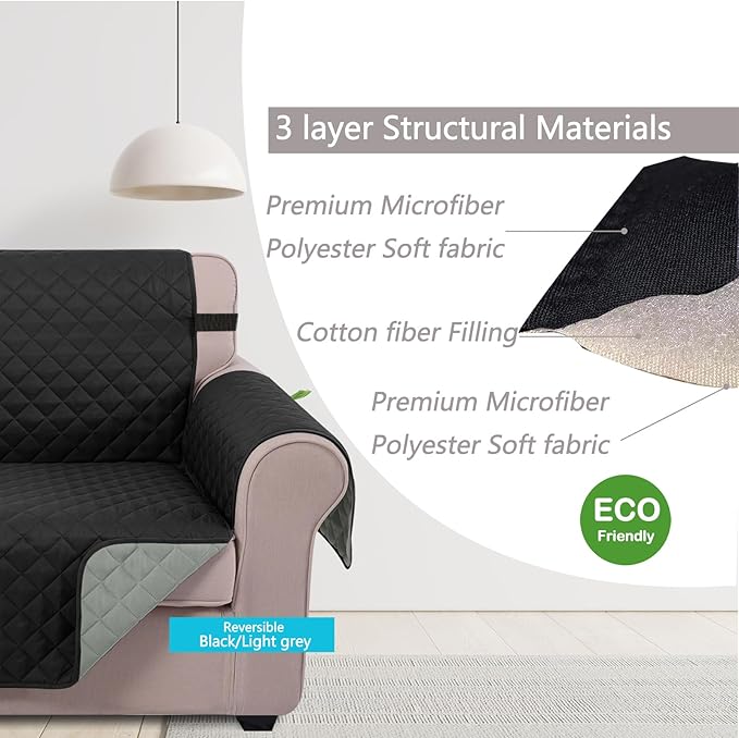 U-NICE HOME Loveseat Sofa Cover Reversible Couch Cover for Dogs Pets with Elastic Straps Water Resistant Furniture Protector for 2 Cushion Couch (Loveseat, Black/Grey)