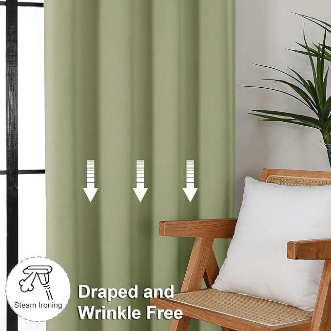 Simplebrand Ava Sage Green Blackout Curtains for Patio 108 Inches Long 2 Panels Set, Solid Thermal Insulated Room Darkening Rod Pocket Window Treatment Curtains Blackout Drapes, W50 x L108 Inch