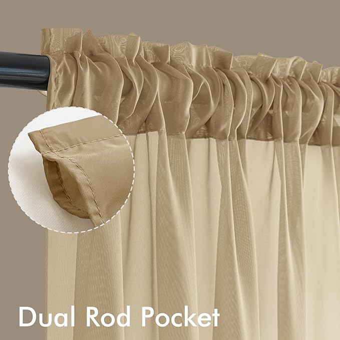 MIULEE Beige Sheer Curtains 90 Inches Long, 4 Panels Set, Rod Pocket Voile Drapes Light Filtering and Semi Transparent, Elegant Window Treatments for Bedroom Living Room,54 x 90 Inches