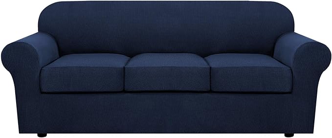 H.VERSAILTEX 4 Piece Stretch Sofa Covers for 3 Cushion Couch Covers for Living Room Furniture Slipcovers (Base Cover Plus 3 Seat Cushion Covers) Upgraded Thicker Jacquard Fabric (Sofa, Navy)