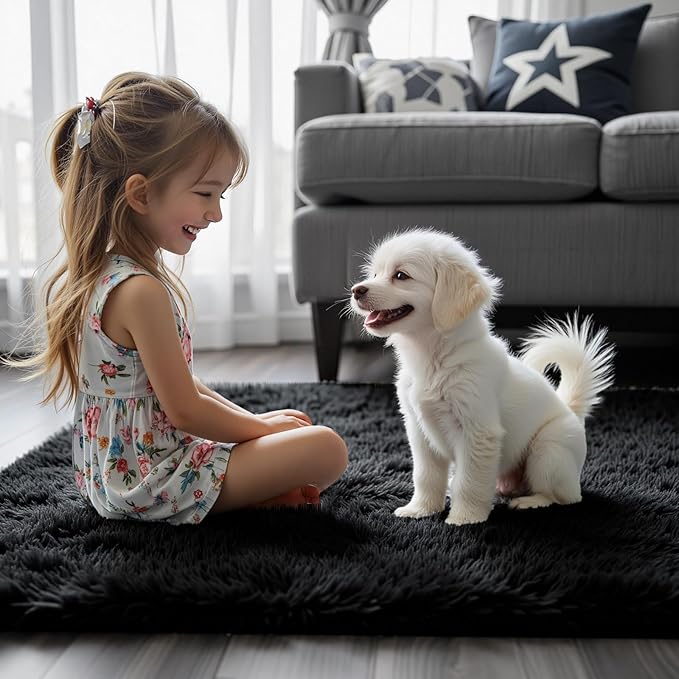 Rugs for Living Room 5x8, Alfombras para Salas Shag Large Plush Soft Area Rug, Shaggy Carpets for Bedroom, Kids Boys Girls Home Decor Aesthetic(Black, 5 x 8 Feet)