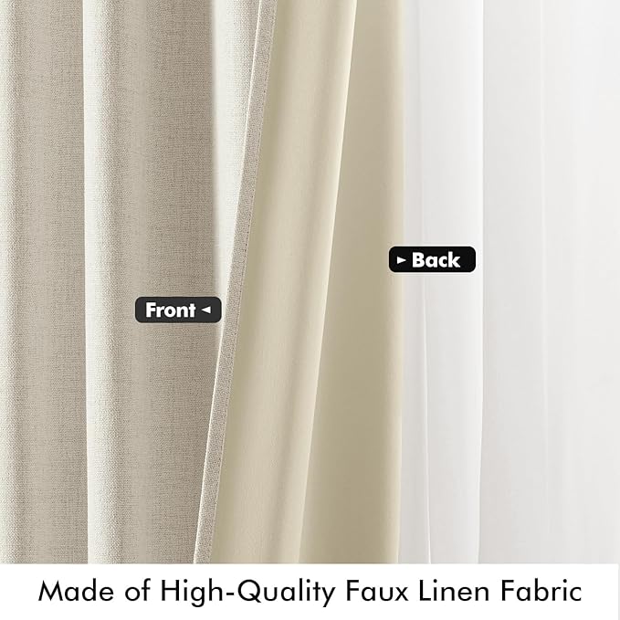 MIULEE 100% Blackout Linen Curtains for Bedroom, Linen Beige Solid Luxury Decor Thermal Insulation Room Darkening Drapes for Living Room Nursery Back Tab Rod Pocket 42 x 63 Inches, 2 Panels