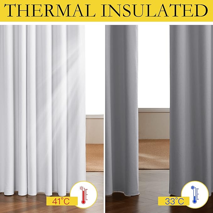 NICETOWN 100% Absolutely Blackout Linen Curtains with Thermal Insulated White Liner, White, 34 inches Wide, 90 inches Length Energy Saving Curtains for Living Room 2 Panels Set, Vertical Blinds