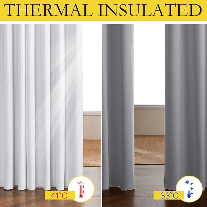 NICETOWN 100% Absolutely Blackout Linen Curtains with Thermal Insulated White Liner, White, 52 inches Wide, 48 inches Length Energy Saving Curtains for Cupboard 2 Panels Set, Vertical Blinds