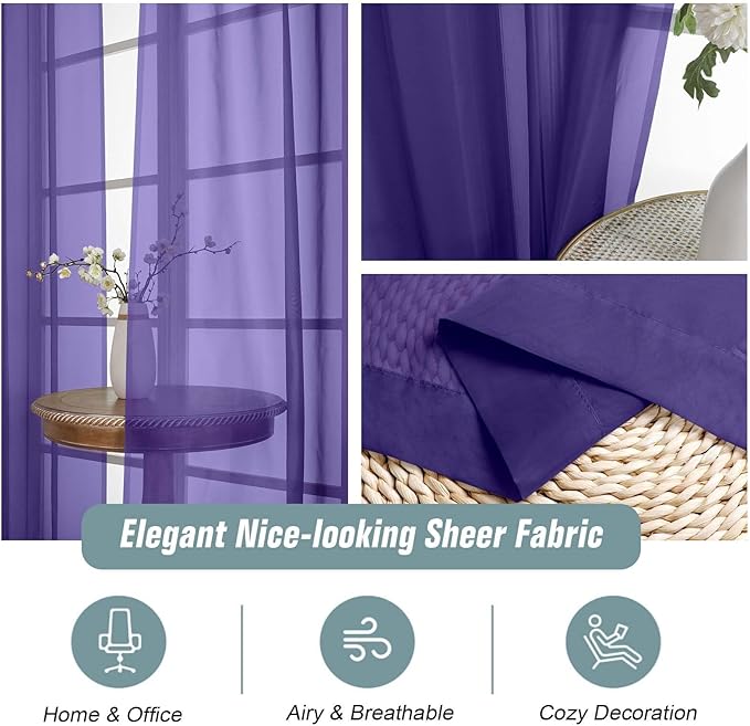 Purple Window Sheer Curtains 45 Inches Length, Voile Short Curtains for Living Room Bedroom, Modern Soft Window Drapes 2 Panels Set, Top Dual Rod Pocket Design, 2x42Wx45L Inches