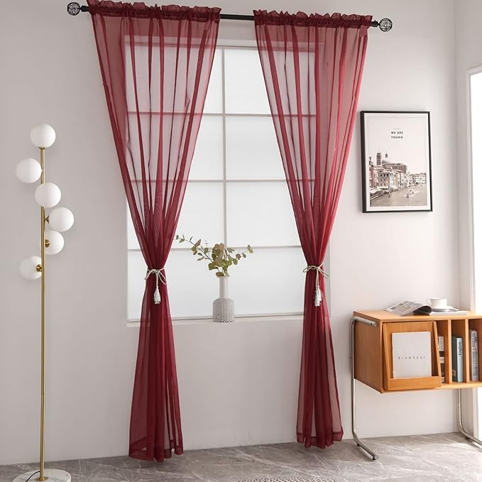 SpaceDresser Sheer Voile Window Treatment Rod Pocket Curtain Panels for Kitchen Bedroom Living Room Drapes Sunlight Filtering Privacy Semi Home Decor Assorted Colors Sizes (Burgundy, 52 W x 54 L)