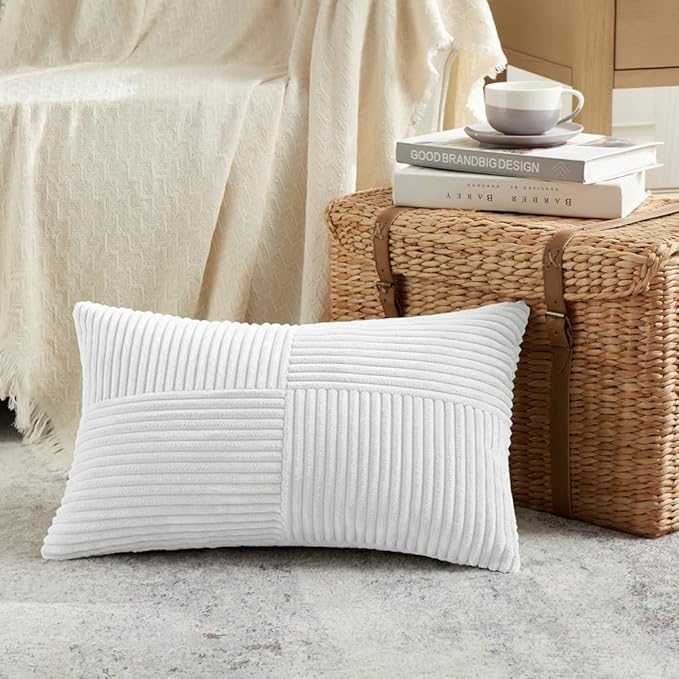 Fancy Homi 2 Packs White Lumbar Decorative Throw Pillow Covers 16x26 Inch for Living Room Couch Bed Sofa, Rustic Farmhouse Boho Home Decor, Soft Striped Corduroy Rectangle Accent Cushion Case 65x40 cm