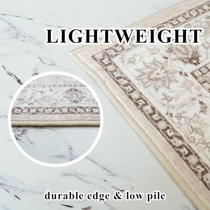 Washable 5x8 Living Room Area Rug: Vintage Water-Resistant Soft Rug for Bedroom Dining Room Non Slip Apartment Low Pile Carpet Thin Floor Mat for Dorm Home Office Printed Beside Rug(5x8，Beige)
