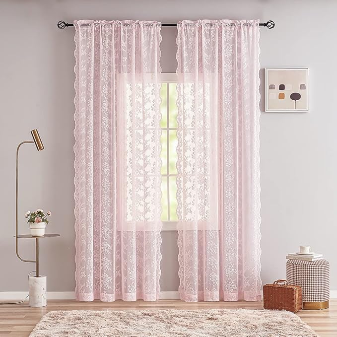 YJ YANJUN Vintage Lace Curtains 84 Inches Long- Pretty Pastel Floral Pink Sheer Curtain Panels for Living Room Girl Bedroom,Light Filtering, Cute Princess Girls Room Drapes 2 Panels 52W x 84L