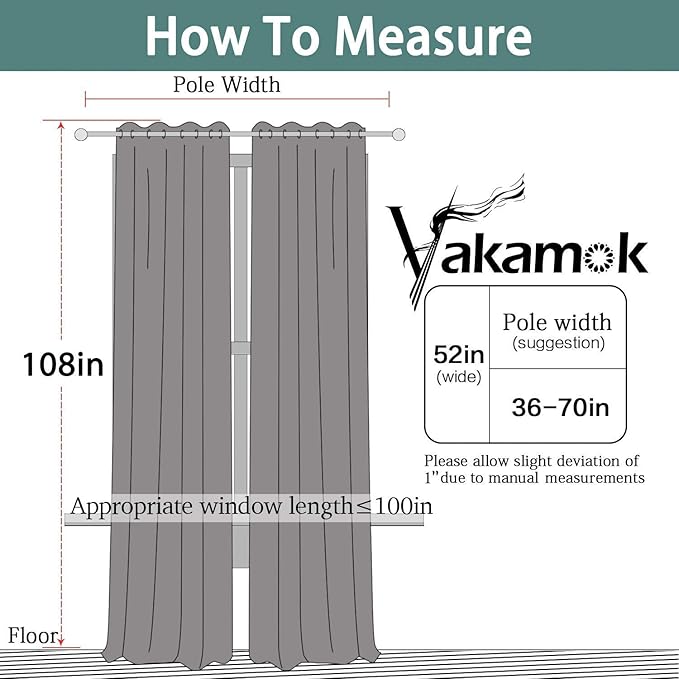 Yakamok Blackout Curtains Room Darkening Thermal Insulated with Grommet Window Curtain for Bedroom, 52 x 108inch,Dark Grey, 2 Panels
