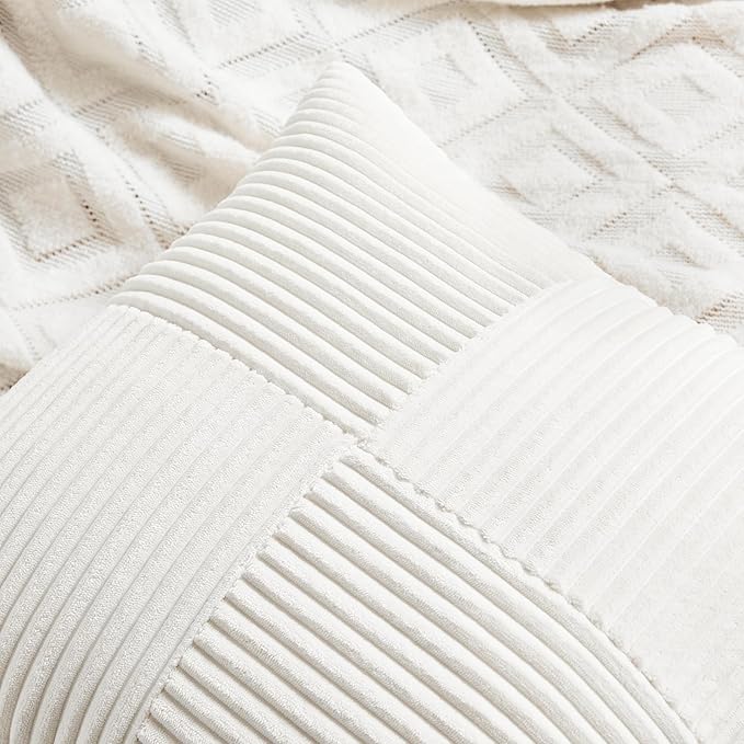 Fancy Homi 2 Packs Cream White Decorative Throw Pillow Covers 20x20 Inch for Living Room Couch Bed Sofa, Farmhouse Boho Home Decor, Soft Corss Corduroy Patchwork Accent Square Cushion Case 50x50 cm