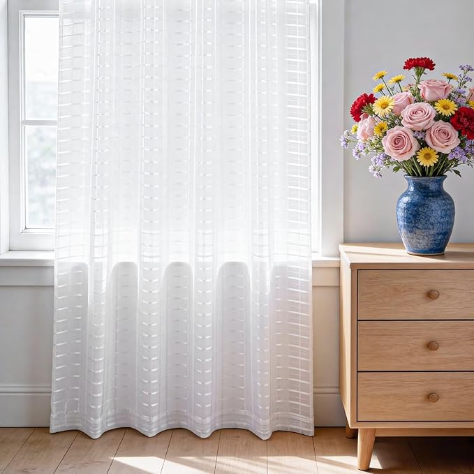 SpaceDresser Check Sheer Curtains 90 Inches Long for Living Room, Rod Pocket Plaid Semi Sheer Drapes for Kitchen Bedroom（White, 52W x 90L）