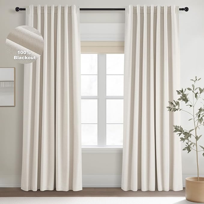Topfinel 94 Inches Long Custom Ceiling Cream White Blackout Beige Curtains, Light Blocking Track Soundproof Curtains, Decorative Elegant Farmhouse Linen Curtains 52" X 94" for Living Room 2 Panels