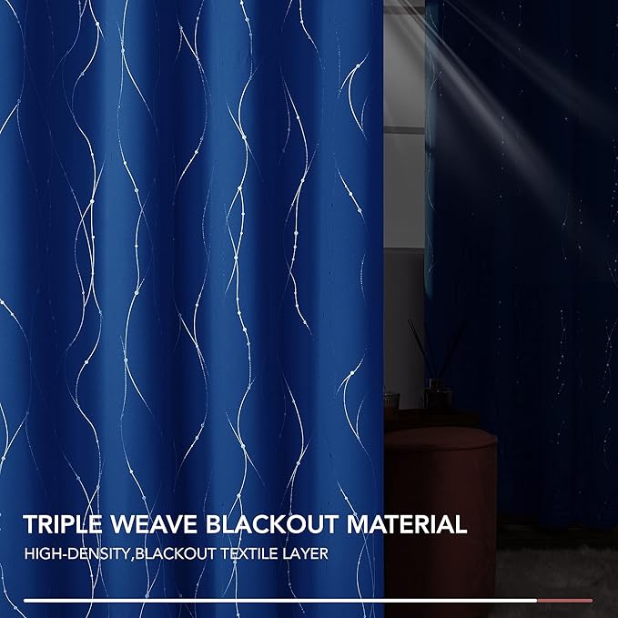 Deconovo Blackout Curtains, 52 x 108 Inch Drape for Sliding Door with Wave Dot Silver Print, Soundproof Thermal Insulated Window Curtain for Bedroom Living Room, Set of 2, Machine Washable, Royal Blue