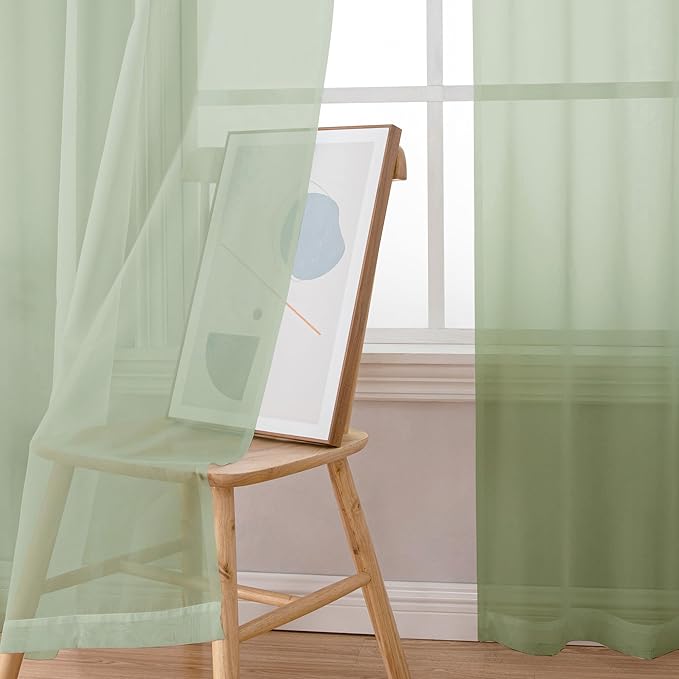 OWENIE Sheer Curtains 54 inches Long 2 Panles for Living Room Bedroom Small Windowm, Rod Pocket Light Filtering Voile Sheers Drapes, 42" W x 54" L, Light Green