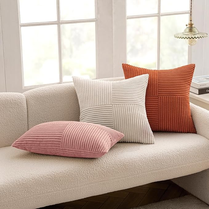MIULEE Beige Decorative Throw Pillow Covers 16x16 Inch for Couch Bed Sofa Pack of 2 Boho Neutral Farmhouse Throw Pillows Soft Cross Corduroy Patchwork Textured Cushion Cases