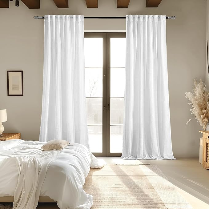 MIULEE White Linen Curtains 105 Inch Long 2 Panels for Bedroom Living Room, Soft Thick Linen Textured Back Tab Window Drapes Semi Sheer Light Filtering Rod Pocket Modern Farmhouse Decor