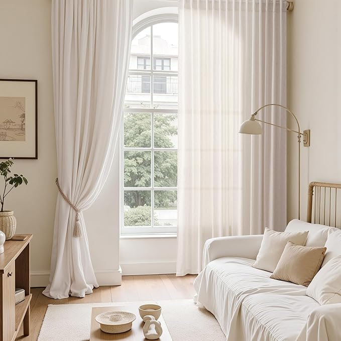 Semi Sheer Linen Curtains 120 Inches for Living Room Sets Back Tab Flax Textured Natural Ivory White Extra Long Curtain Privacy Chic Light Filtering High Window Drapes Bedroom 52X120,2 Panel