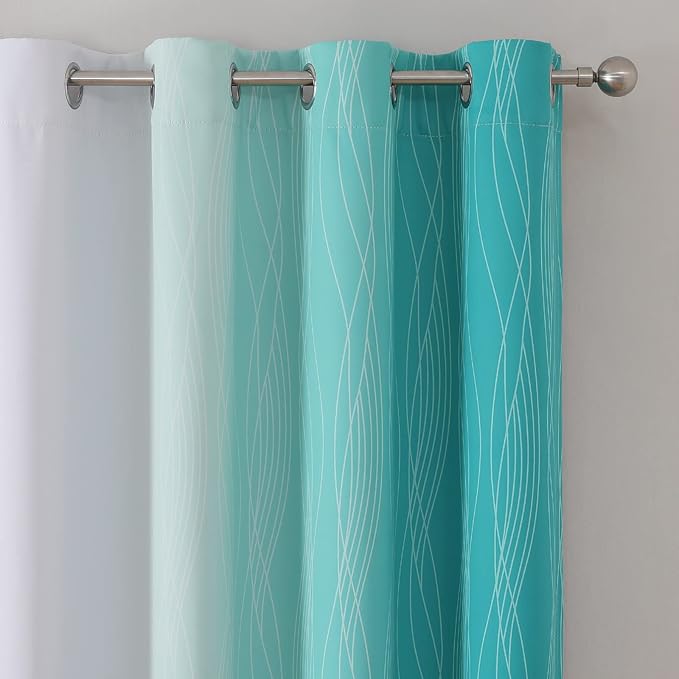 Estelar Textiler Grayish White and Teal Blackout Curtains for Living Room, Ombre Thermal Insulated Noise Reducing Blackout Drapes for Bedroom, Room Darkening Grommet Curtains, 52Wx72L, 2 Panels
