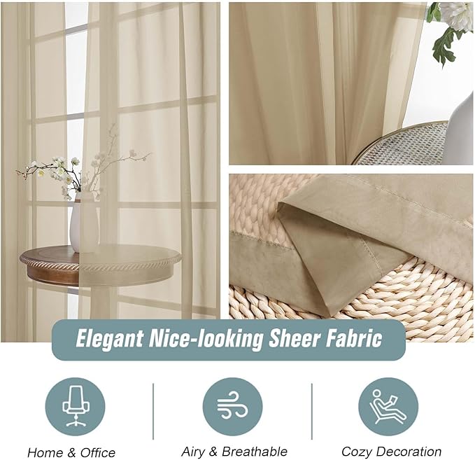 Taupe Sheer Curtains 63 Inch Length 2 Panels, Voile Sheer Curtain for Living Room, Breathable Light Filtering Modern Window Treatments, Soft Fabric Dual Rod Pocket Drapes, 2x42Wx63L Inches
