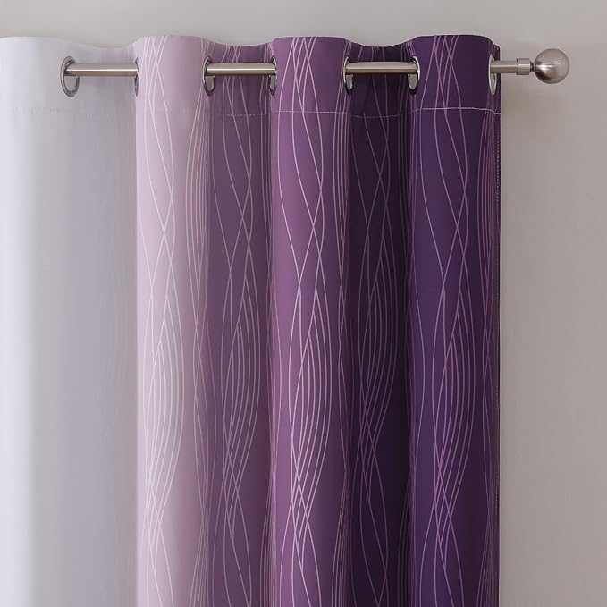Estelar Textiler Purple and Greyish White Blackout Curtains 63 Inch Length 2 Panels Set, Room Darkening Grommet Ombre Curtains for Bedroom, Thermal Insulated Light Blocking Gradient Drapes,52Wx63L