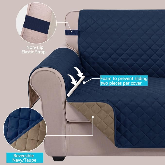 U-NICE HOME Loveseat Sofa Cover Reversible Couch Cover for Dogs with Elastic Straps Water Resistant Furniture Protector for Pets Couch Cover for 2 Cushion Couch (Loveseat, Navy/Taupe)