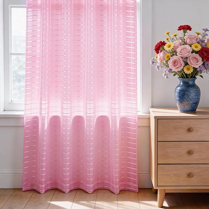 SpaceDresser Check Sheer Curtains 63 Inches 2 Panels Set, Rod Pocket Plaid Window Curtain for Living Room, Pink Semi Sheer Drapes for Kitchen Bedroom Children Room Yard（Pink, 52W x 63L）