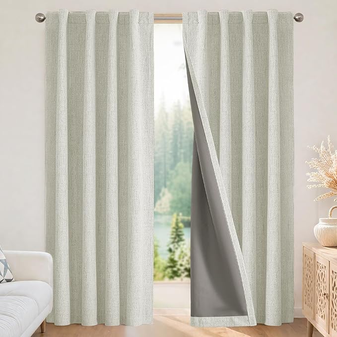 Joydeco Blackout Curtains for Bedroom - 100% Light Blocking 2 Panels Light Beige Drapes 42"W x 72"L, Thermal Insulated Room Darkening Curtains, Linen Textured for Living Room, Rod Pocket & Back Tabs