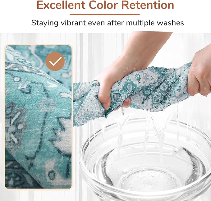 OPPODREAM Soft Area Rugs 3x5, Washable Rugs with Non Slip Backing, Low-Pile Throw 3x5 Carpet, Faux Cashmere 3 x 5 Carpet, Teal & Turquoise & Cream