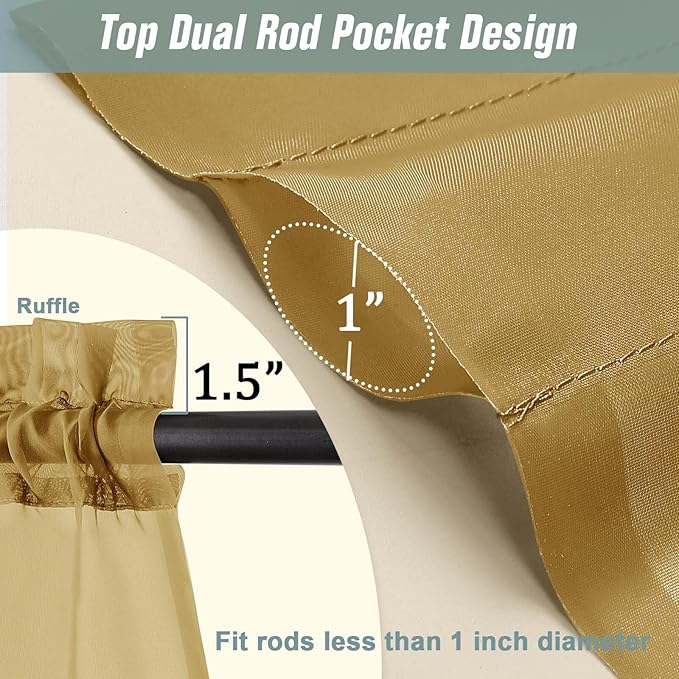 Gold Sheer Curtains for Window 96 Inches Long 2 Panels Set, Soft Airy Light Filtering Voile Sheer Curtains for Living Room Bedroom, Dual Rod Pocket Elegant Window Drapes, 2x42Wx96L Inches