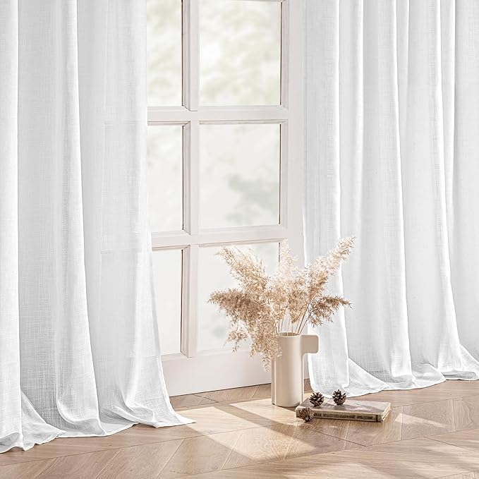 MIULEE White Linen Curtains Short 63 Inch Long 2 Panels for Kitchen Bedroom, Soft Thick Linen Textured Window Drapes Semi Sheer Light Filtering Back Tab Rod Pocket Burlap Look Decor