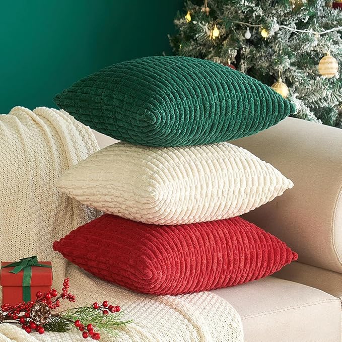 MIULEE Pack of 2 Dark Green Corduroy Decorative Pillow Covers 20x20 Inch Soft Boho Striped Throw Pillow Covers Modern Farmhouse Home Decor for Sofa Living Room Couch Bed