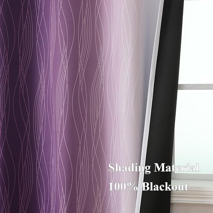 Estelar Textiler Purple and Greyish White Blackout Curtains 72 Inch Length 2 Panels Set, Room Darkening Grommet Ombre Curtains for Bedroom, Thermal Insulated Light Blocking Gradient Drapes, 52Wx72L