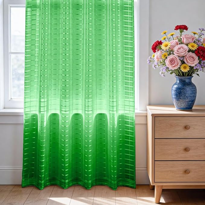 SpaceDresser Check Sheer Curtains 84 Inches 2 Panels Set, Rod Pocket Plaid Window Curtain for Living Room, Green Semi Sheer Drapes for Kitchen Bedroom Children Room Yard（Green, 52W x 84L）