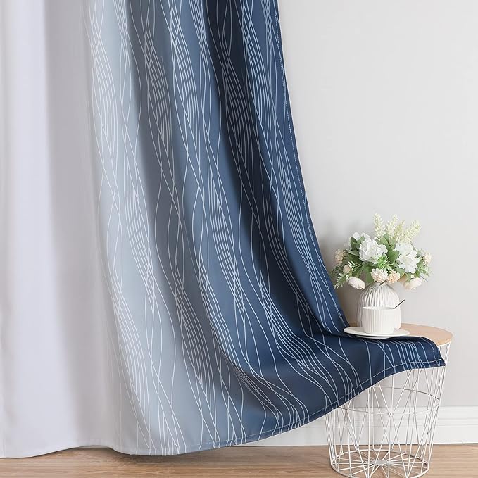Estelar Textiler Navy Blue and Greyish White Blackout Curtains 45 Inch Length, Light Blocking Gradient Drapes for Kitchen, Thermal Insulated Grommet Ombre Curtains for Bathroom,42Wx45L,2 Panels