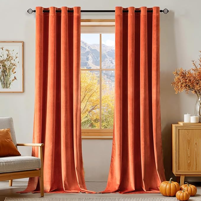 MIULEE Orange Velvet Curtains 96 Inch Length for Fall Thermal Insulated Soundproof Room Darkening Long Blackout Curtains/Grommet Window Drapes Black Out for Theatre/Girls Room Decor Set of 2