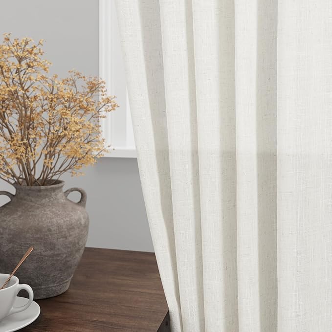 Beige White Kitchen Cafe Sheer Curtains 54 Inch Long 2 Panel Back Tab Linen Textured Light Filtering Short Neutral Bohemian Farmhouse Bedroom Bathroom Curtains 52Wx54L
