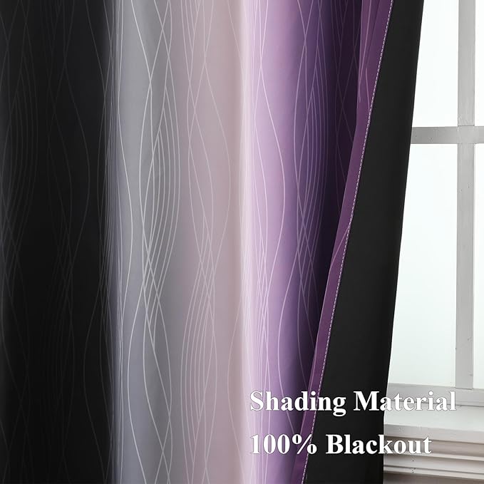 Estelar Textiler Black and Purple Ombre Blackout Curtains for Bedroom, Full Room Darkening Grommet Curtains for Living Room, Thermal Insulated Light Blocking Gradient Drapes, 52Wx63L,2 Panels