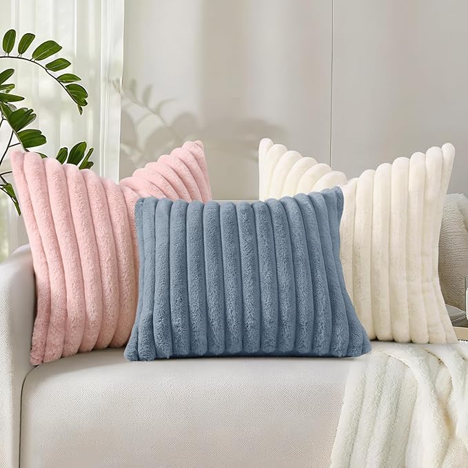 decorUhome Cozy Faux Fur Throw Pillow Covers 18x18 Set of 2 Decorative Soft Plush Striped Modern Farmhouse Boho Couch Pillow Cases with Velvet Back for Sofa Bed Living Room, Grey Blue