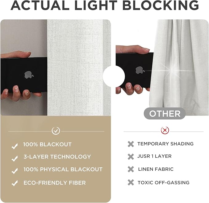 Joydeco Linen Blackout Curtains for Bedroom - 100% Light Blocking 1 Panels, White Drapes 70" W x 90" L, Thermal Insulated Room Darkening Curtains for Living Room, Rod Pocket & Back Tabs