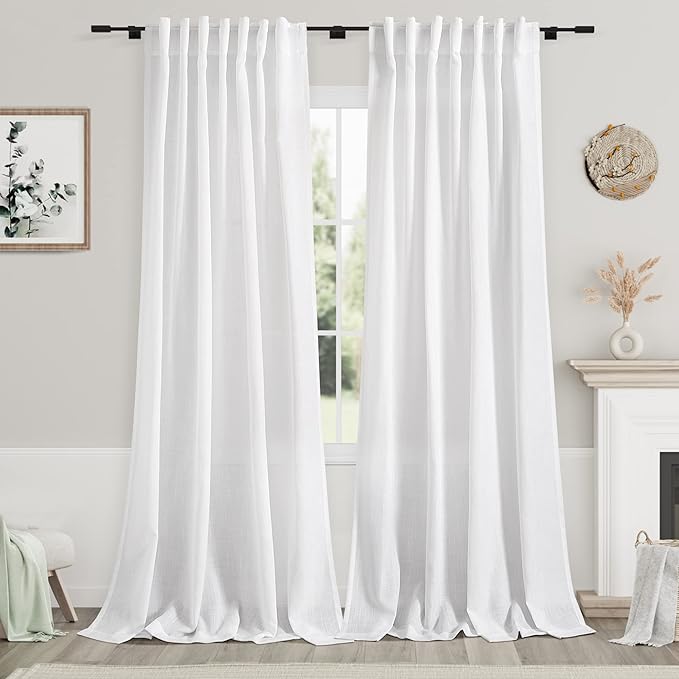 Nanspring White Linen Curtains for Living Room 119 Inches Long Extra Long Back Tab Curtains Farmhouse Light Filtering Semi Sheer Linen Drapes Ceiling to Floor for Large Window 2 Panels Set 52x119