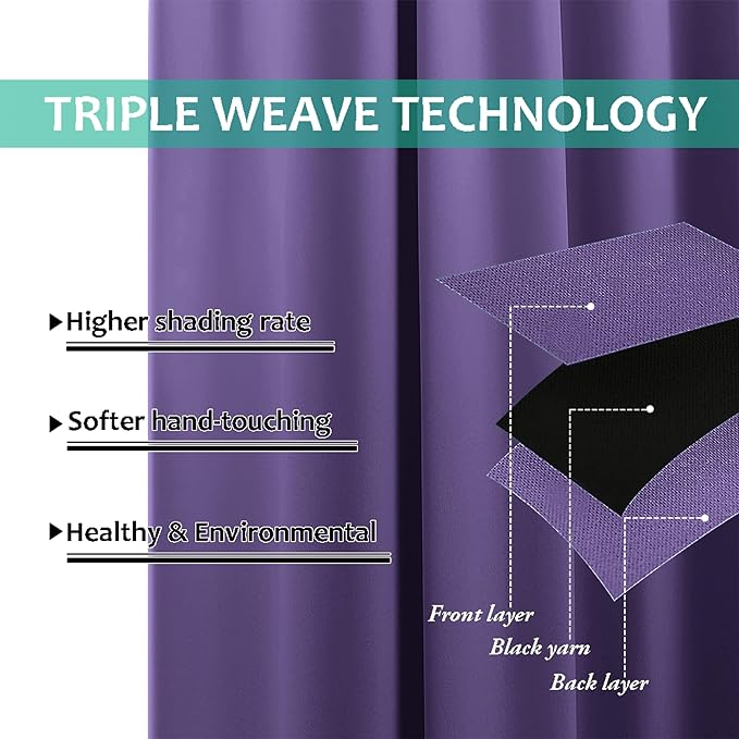NICETOWN 100% Blackout Curtains with Black Liners, Thermal Insulated Full Blackout 2-Layer Lined Drapes, Energy Efficiency Window Draperies for Bedroom (Lilac Purple, 2 Panels, 52-inch W by 63-inch L)
