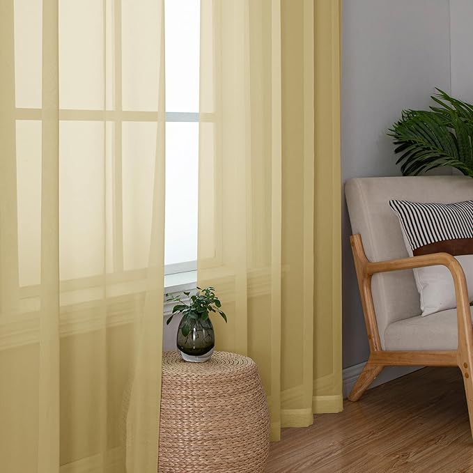 Simplebrand Gold Sheer Curtains 63 Inch Length 2 Panels, Rod Pocket Solid Color Window Sheer Curtain Panels, Elegant Curtains & Drapes for Living Room, Bedroom 2 Panels (Gold, 42" W x 63" L)