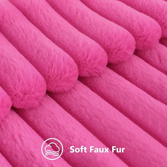 decorUhome Summer Cozy Faux Fur Throw Pillow Covers 16x16 Set of 2 Decorative Soft Plush Striped Modern Farmhouse Boho Couch Pillow Cases with Velvet Back for Sofa Bed Living Room, Hot Pink