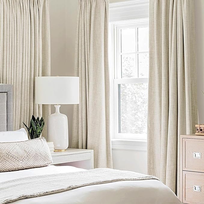 MIULEE 100% Blackout Linen Textured Curtains for Bedroom Solid Thermal Insulated Cream Grommet Room Darkening Curtains & Drapes Luxury Decor for Living Room Nursery 52 x 45 Inch (2 Panels)